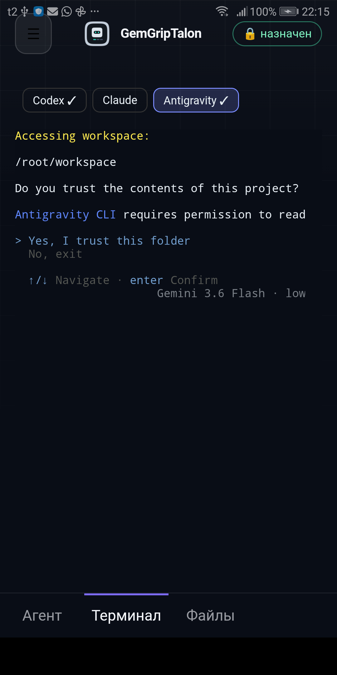 Workspace access confirmation in GemGripTalon
